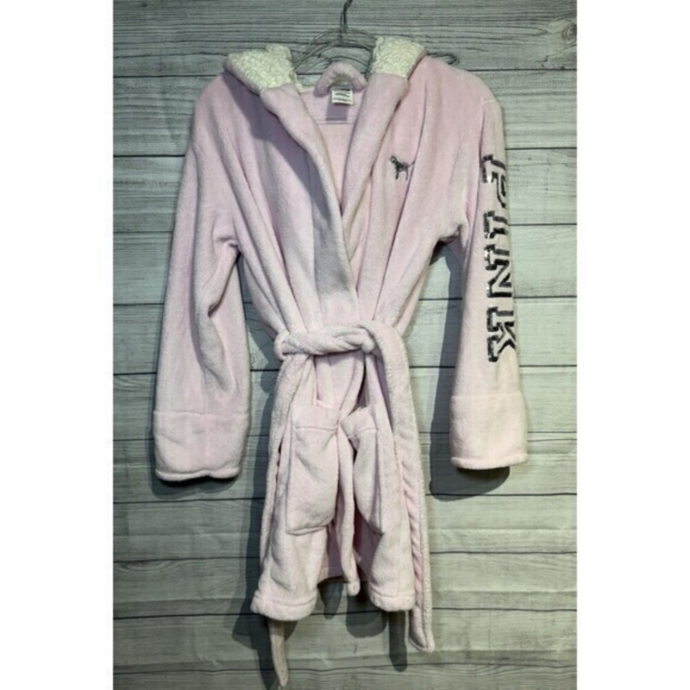 PINK Victoria's Secret Fleece Robe Size XS/S Pink Bling Belted Sherpa Hood